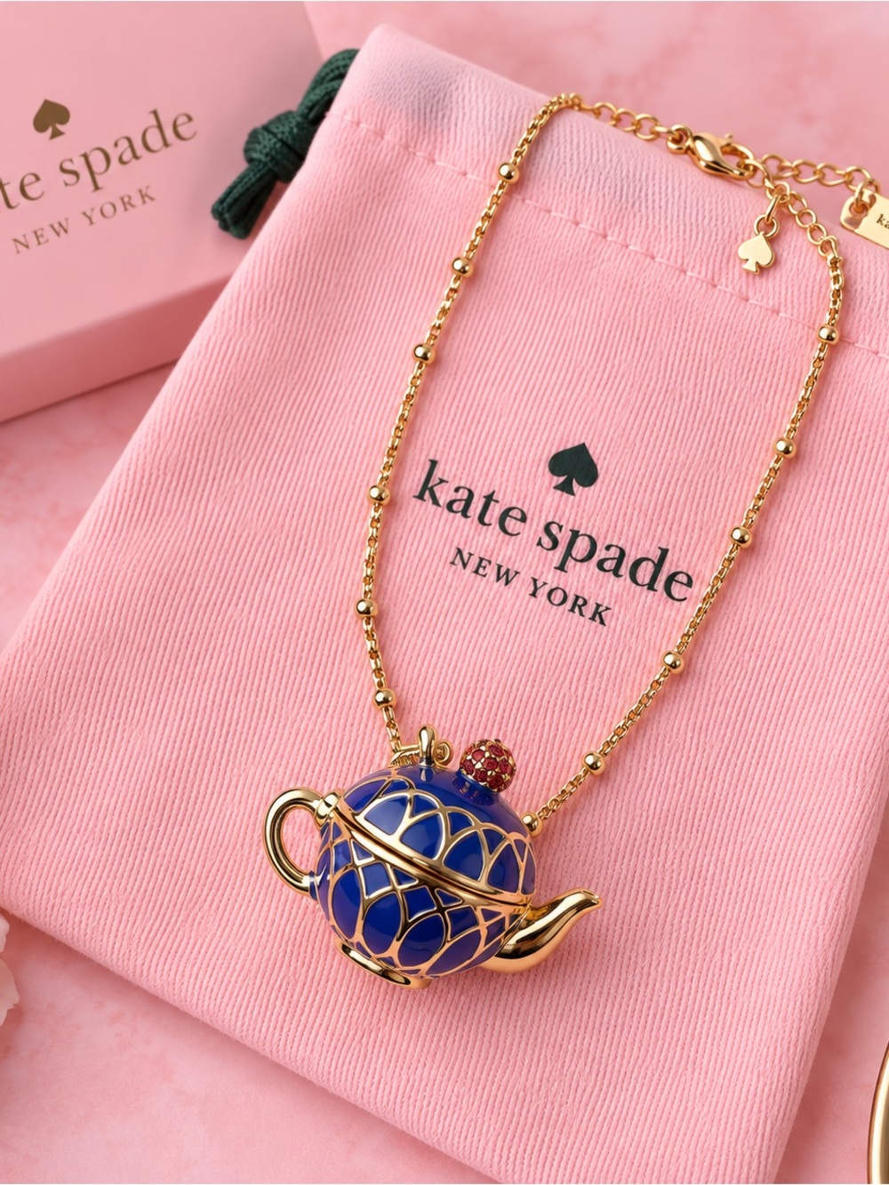 kate spade Gold-Tone Necklace with Blue Enamel Teapot and Red Accent